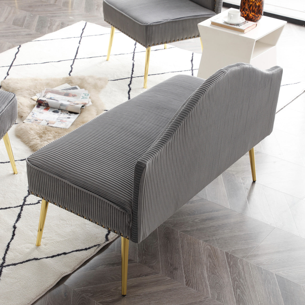 Pleated Velvet Mid-Century Loveseat in Grey