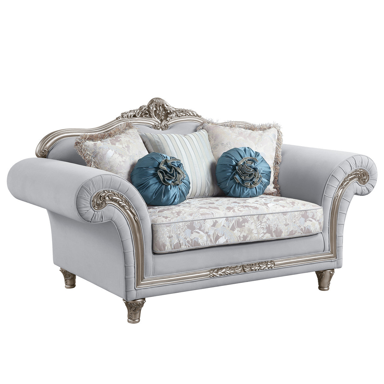 Pelumi Light Gray Linen Loveseat with 5 Pillows
